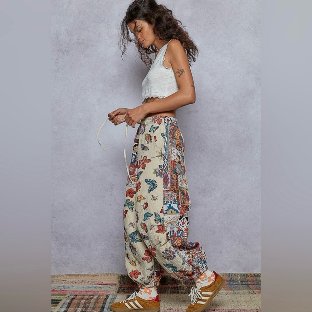 290 - POL Multicolor Butterfly and Floral Patchwork Joggers - Picture 2 of 6